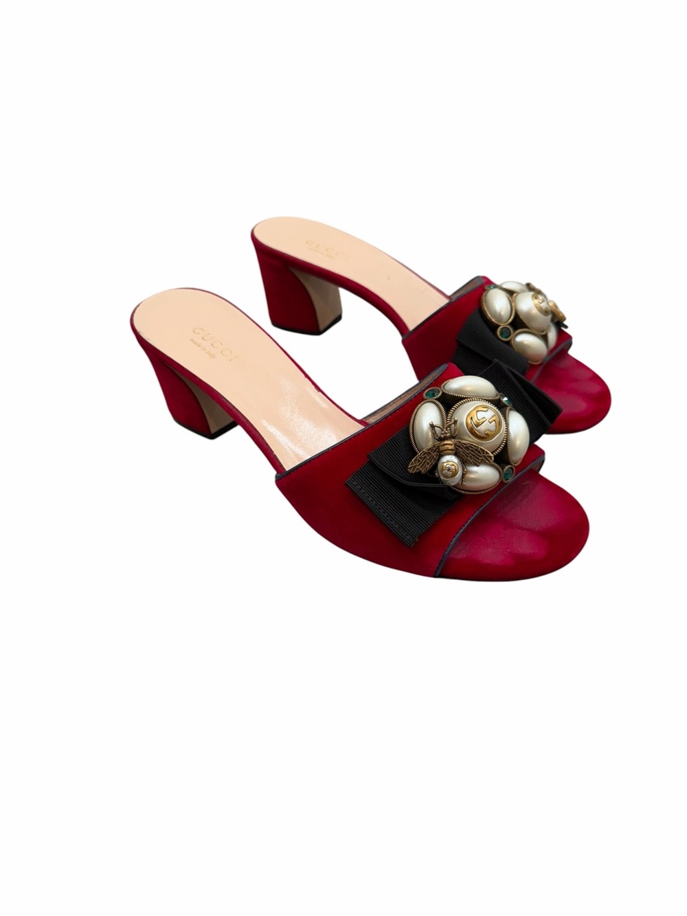 Gucci Red Velvet Bee Pearl Crystal Slide Sandals Heels